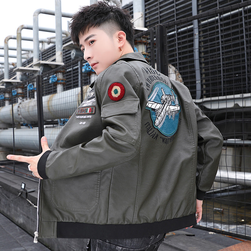 Embroidered Print Handsome Leather Coat Men's Spring and Autumn Business Casual