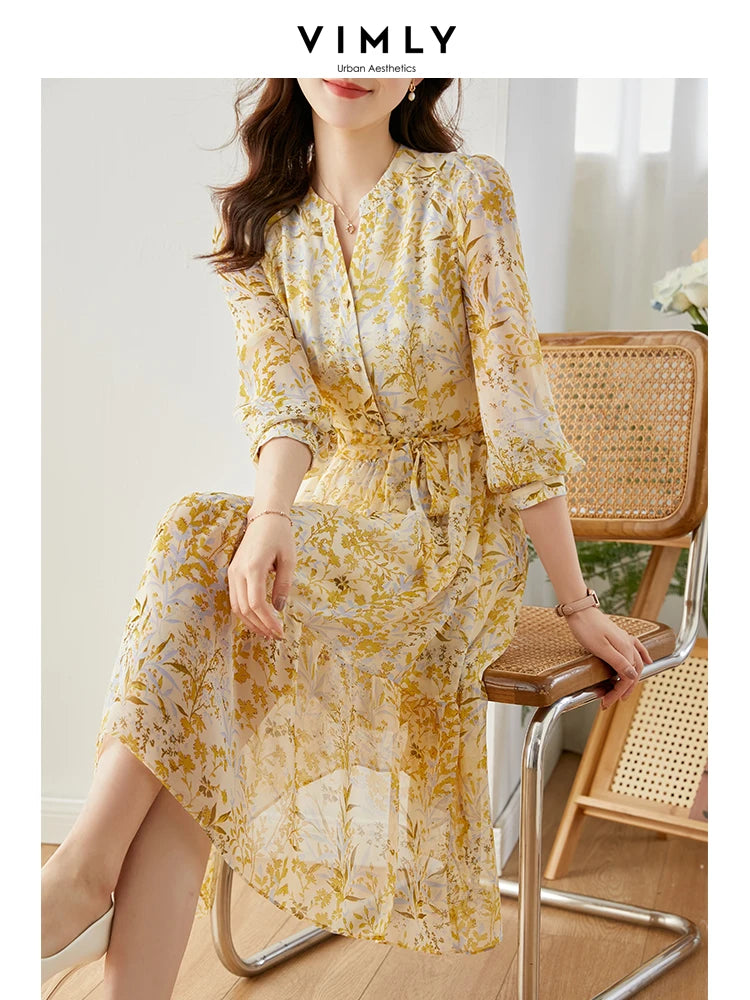 Vimly Chiffon Floral Dress for Women 2024 Spring Vacation Outfit Elegant Vintag