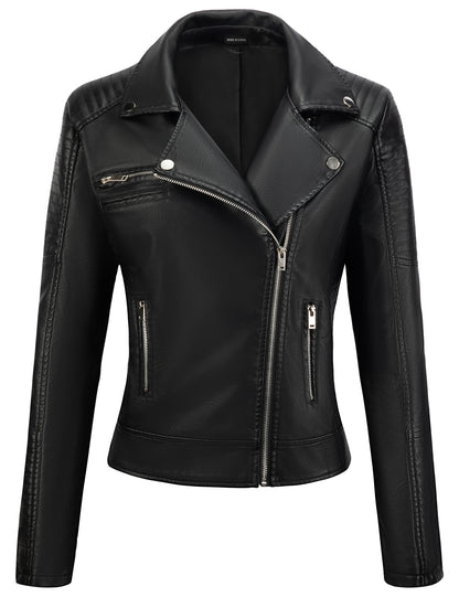 URBEST Women Faux Leather Jacket Black Motorcycle Moto Biker Short Coat image 1