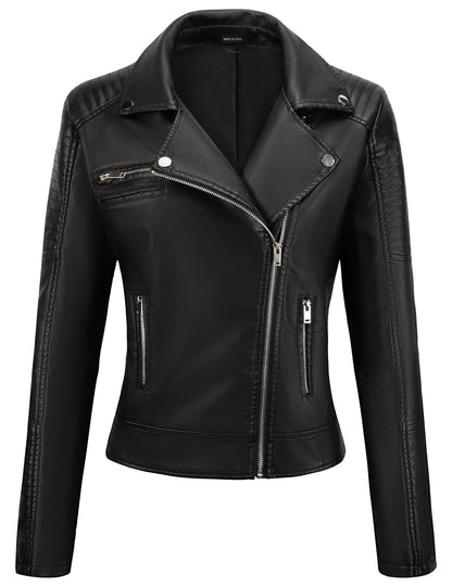 UR Women's Faux Leather Jacket Black Motorcycle Moto Biker Short Coat