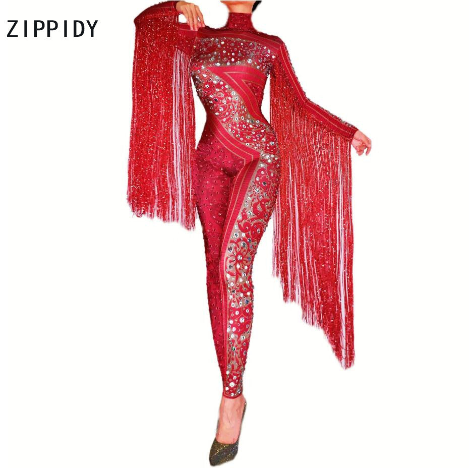 Red Fringes Rhinestones Jumpsuit Stage Bodysuit Celebrate Dance Tassel Costume image 4