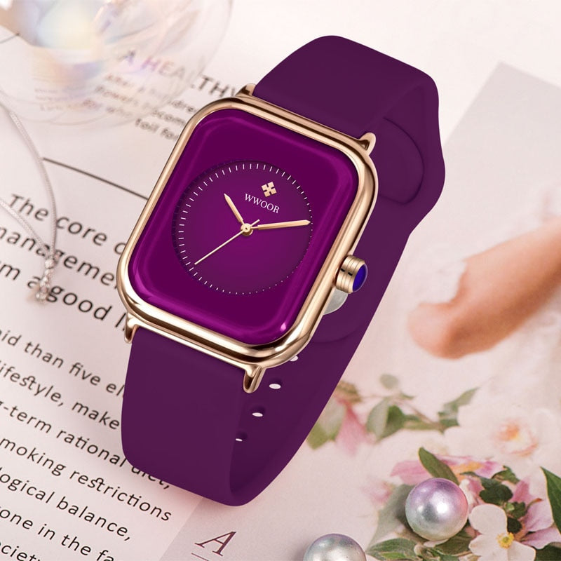 WWOOR Luxury Brand Watches For Women Fashion Square Purple Ladies Quartz Wristw image 9