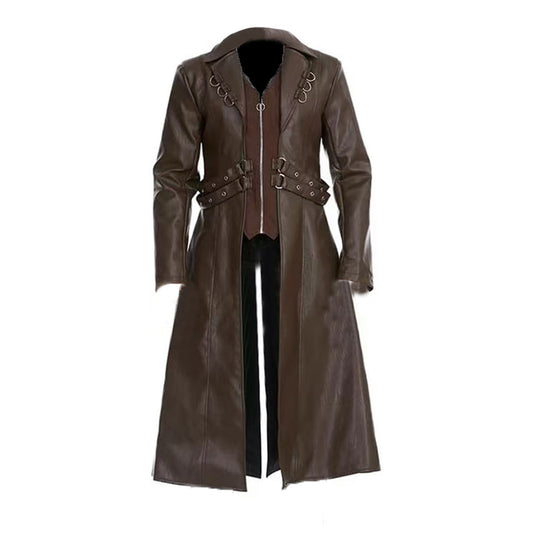 2025 New Gothic Mid Length PU Leather TrenCoat Men Dark Brown Blac