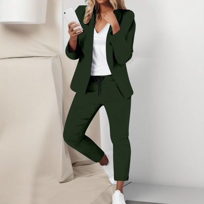 Women Cardigan Blazer Top And Pants Solid Color Elegant Sporty Jacket Suit Se image 2
