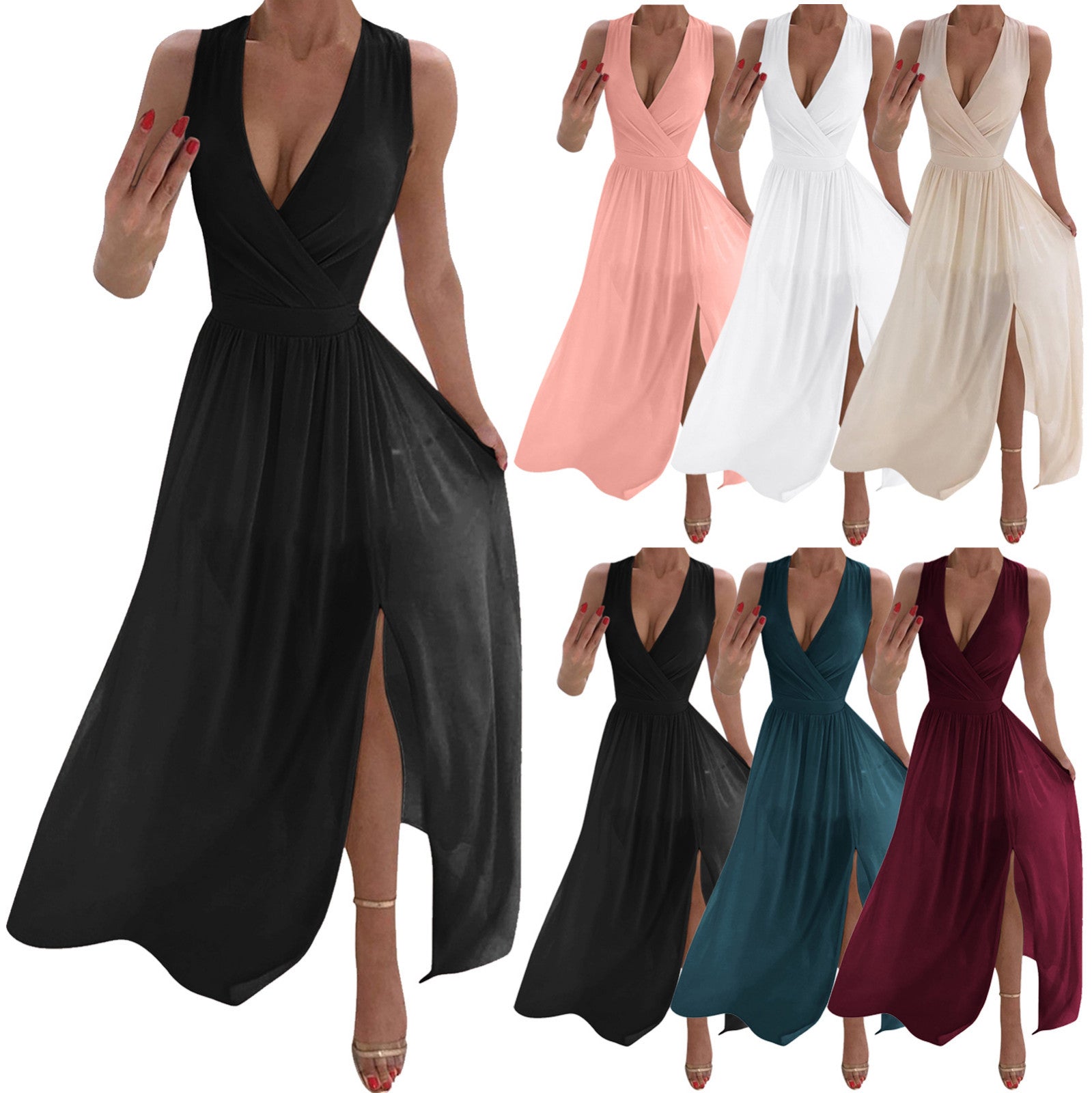 Women's Dresses Summer Pleated  V Neck Sleeveless Side Slit Long Maxi Casual Ch image 9