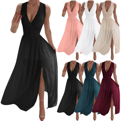 Women Dresses Summer Pleated  V Neck Sleeveless Side Slit Long Maxi Casual Ch image 9