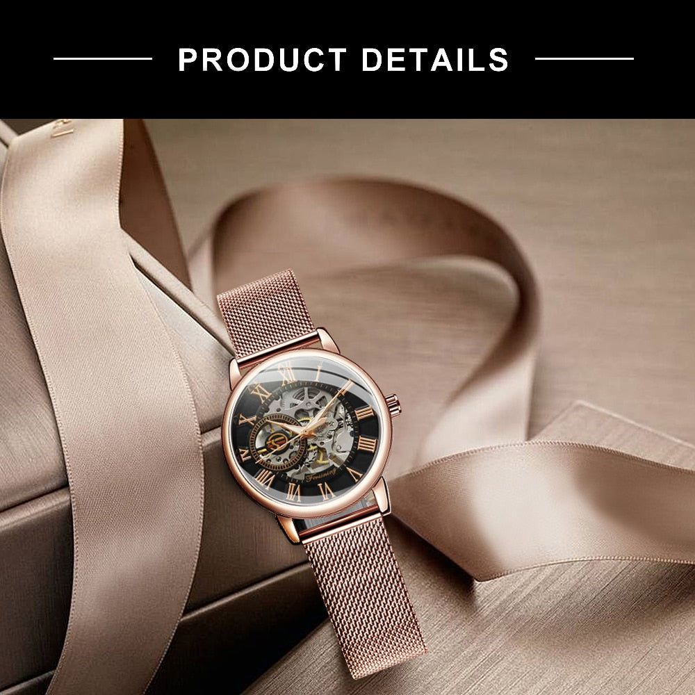 Forsining Rose Gold Skeleton Mechanical Watch for Women Fashion Luminous Hands  image 5