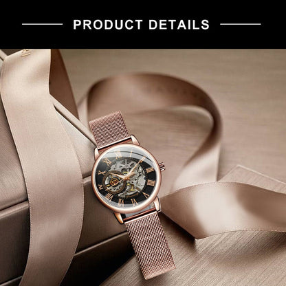 Forsining Rose Gold Skeleton Mechanical Watch for Women Fashion Luminous Hands  image 5