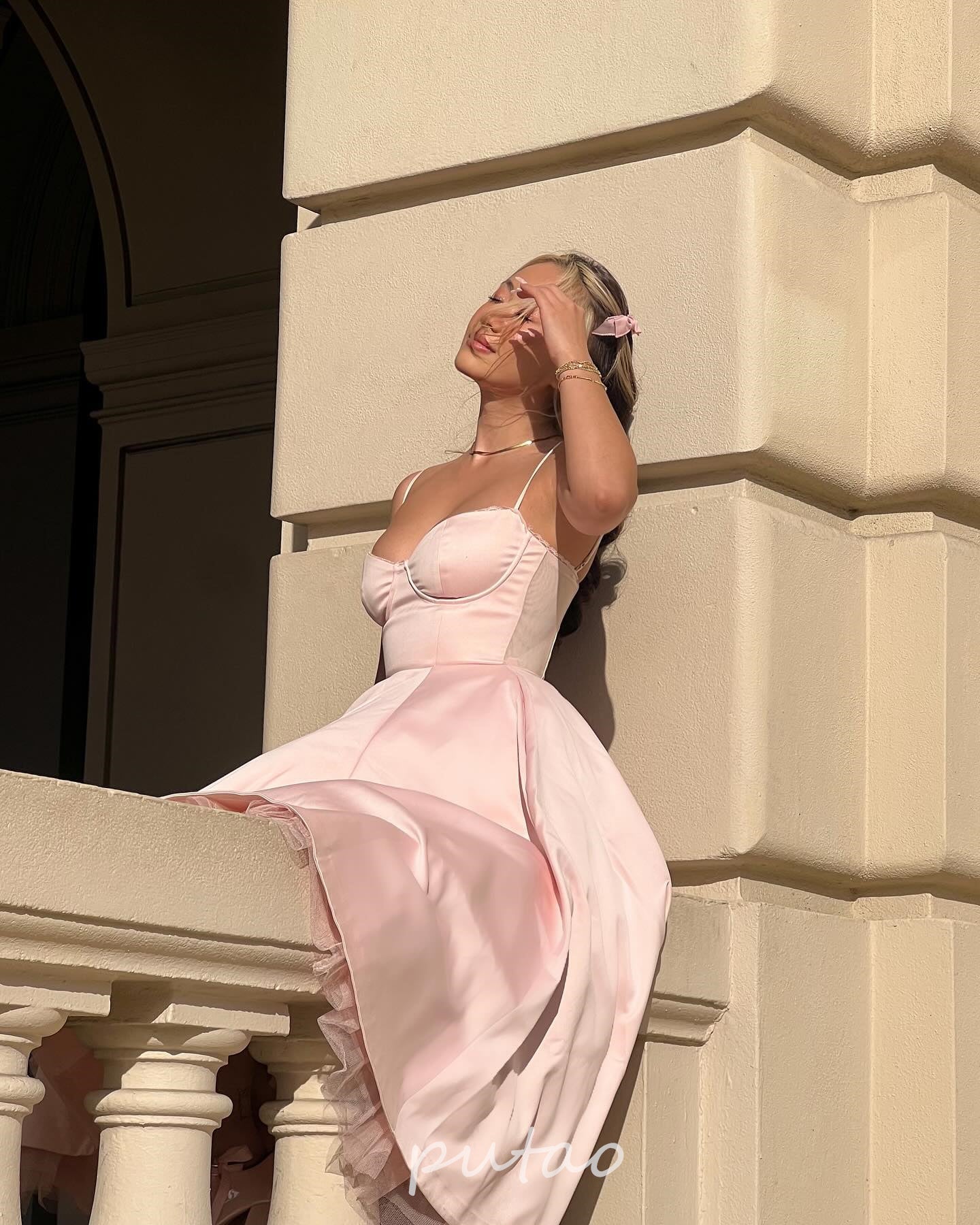 PuTao Pink A Line Satin Lace Long Prom Dresses Ankle Length Formal Graduation E image 2