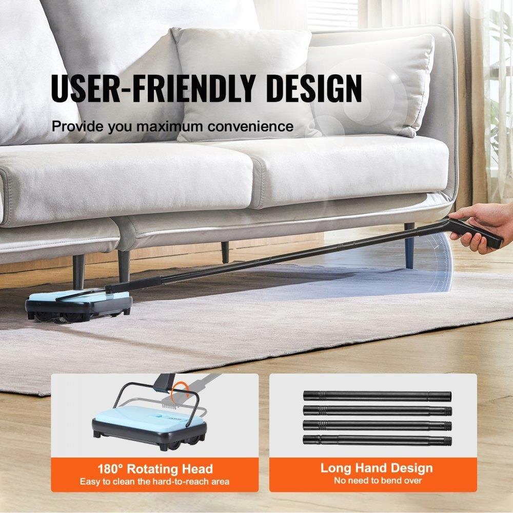 Carpet Sweeper Non Electric 6.7 " Wide Cleaning Manual Floor Cleaner Blue image 4