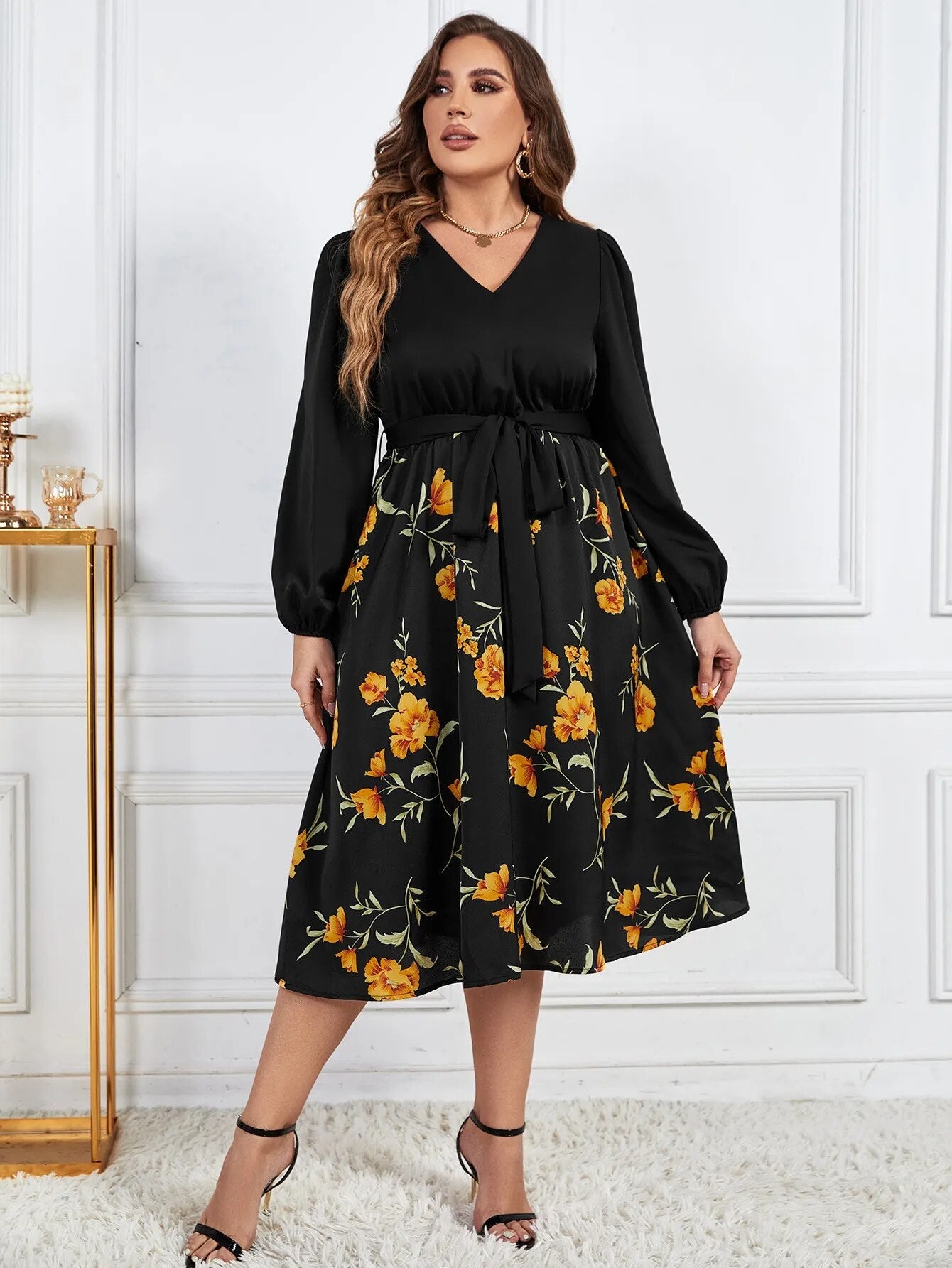 Plus Size V Neck Women Long Sleeve Dress Drawstring Waist Belt Floral Print R