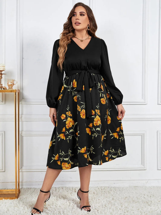 Plus Size V Neck Women Long Sleeve Dress Drawstring Waist Belt Floral Print R