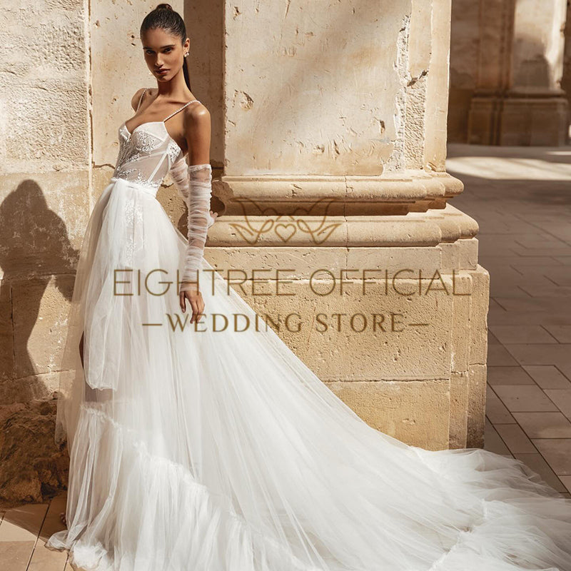 Eightree White A-Line Wedding Dresses Spaghetti Straps Appliques Wedding Gowns image 2
