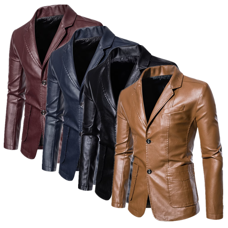 2024 New Men Business Casual Leather Jacket Black / khaki Fashion Male Suit Col image 1