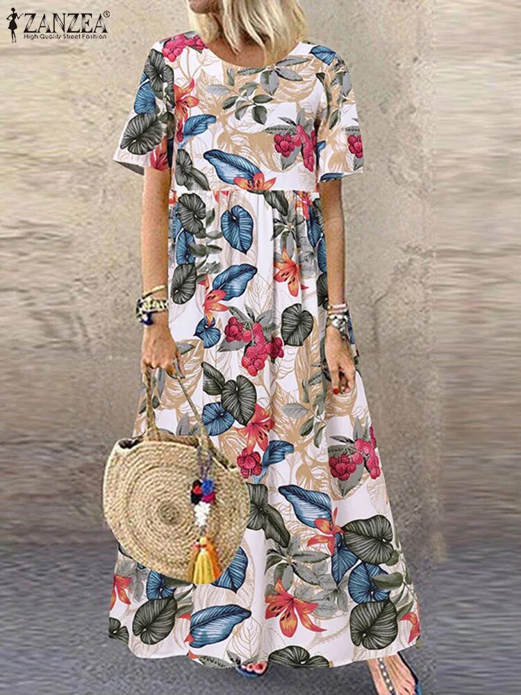 2023 ZANZEA Short Sleeve Long Vestidos Bohemian Floral Printed Beach Dress Summ