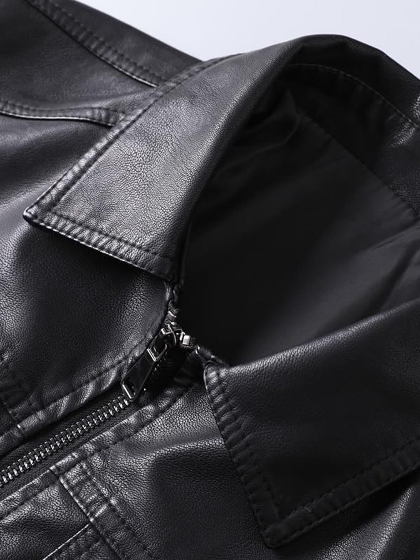 Men's Slim Fit Leather Biker Jacket Fleece Lined Thick Warm Coat for Spring Aut image 4