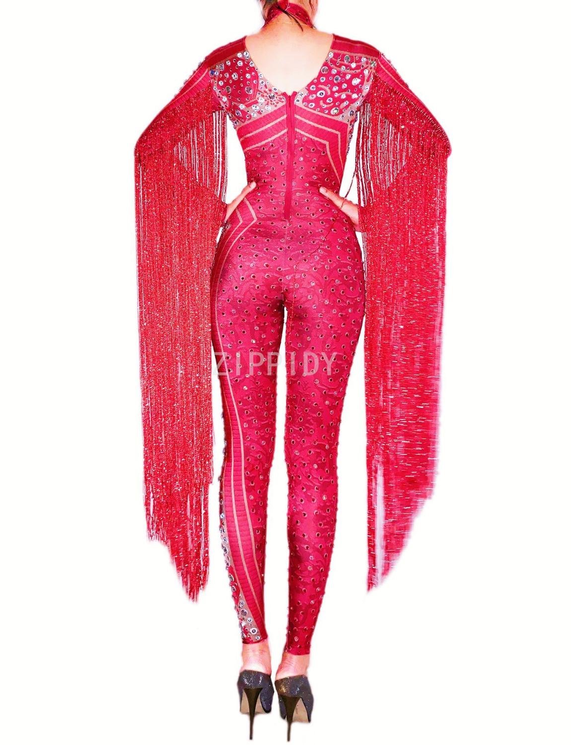 Red Fringes Rhinestones Jumpsuit Stage Bodysuit Celebrate Dance Tassel Costume image 8
