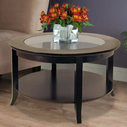 Wood Genoa Round Coffee Table with Glass Top, Espresso Finish image 4