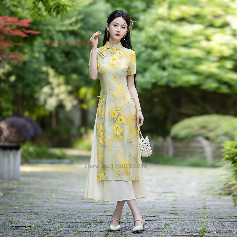2024 vietnam traditional aodai dress chinese improved qipao national flower pri