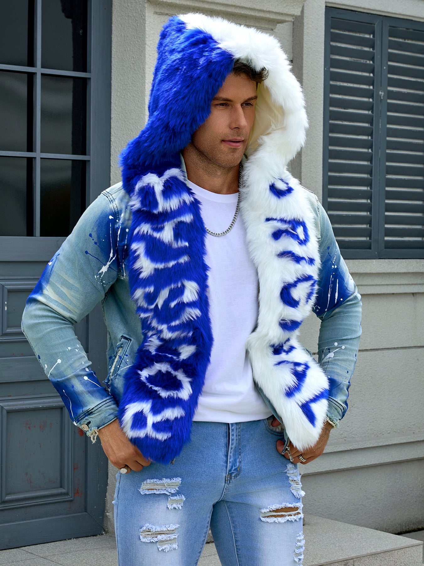 Men's fashion stretch jacket, full strip printing, fashion wash, has a very fas image 2