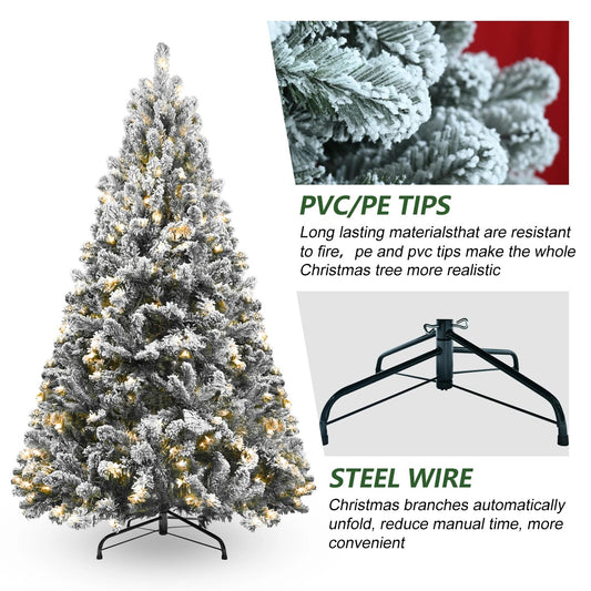 4/5/6/7/7.5/8/9FT Snow Flocked Christmas Tree with Metal Stand Holiday Easy Ass