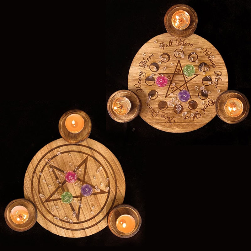 Astrology Pentagram wood Candlestick table Pentacle altar plate Triquetra woode image 4
