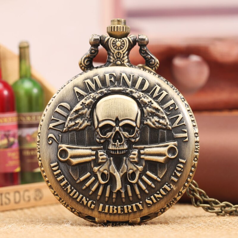 Vintage bronze gun skull defending freedom Second Amendment military quartz nec image 1