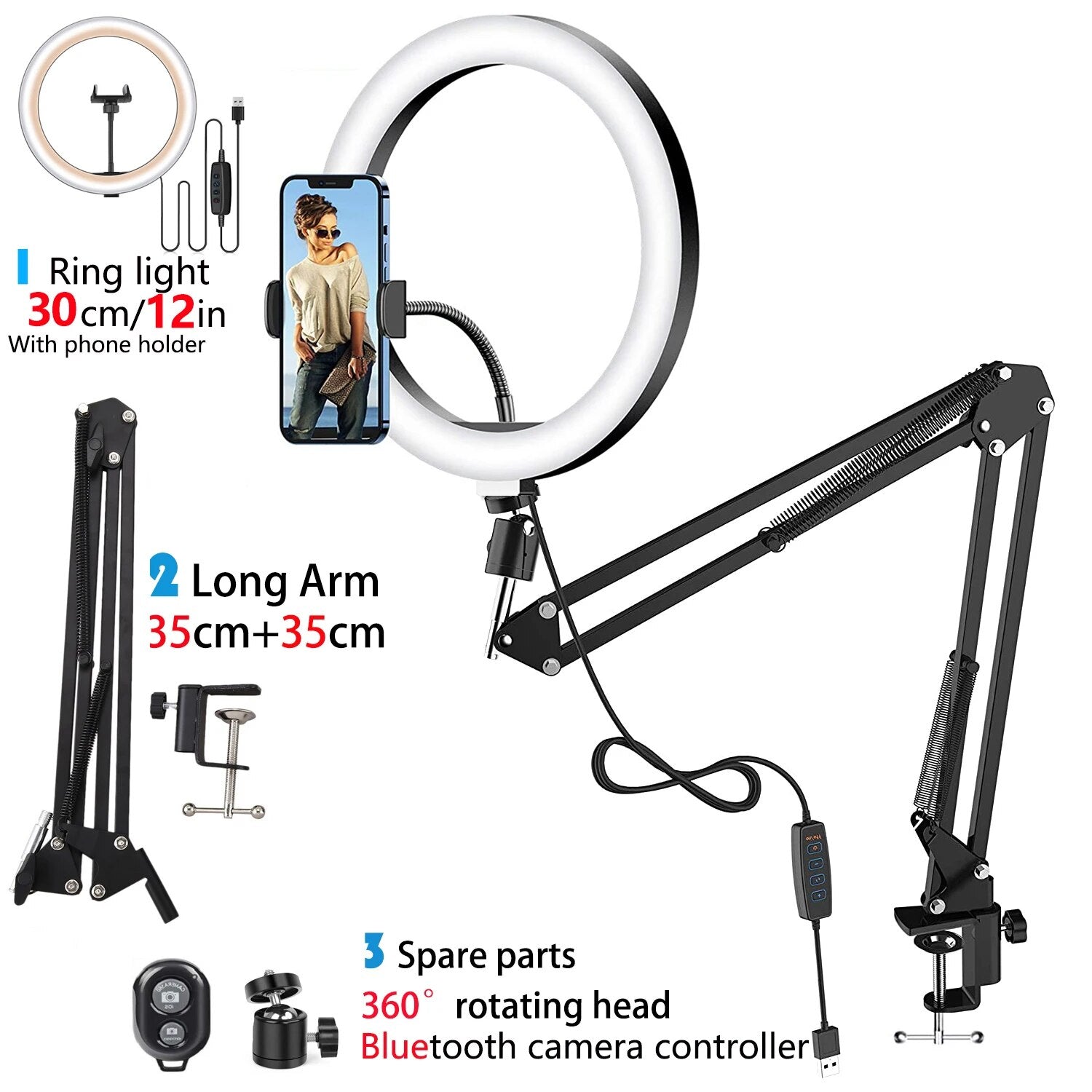 LED Selfie Ring Light Phone Stand With Folding Arm Circle Fill Light Dimmable T image 2