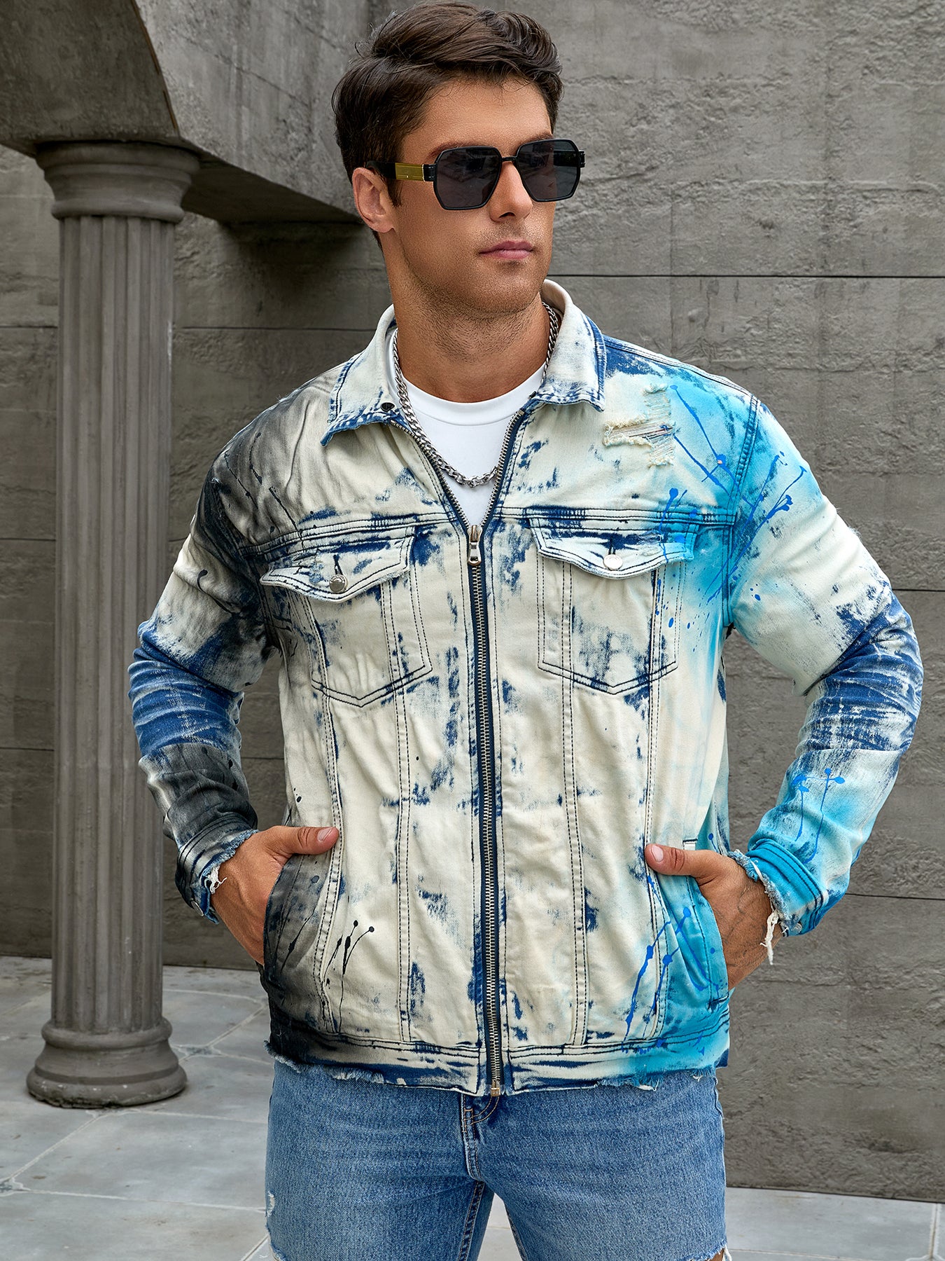 Men's fashion stretch jacket, full strip printing, fashion wash, has a very fas image 1