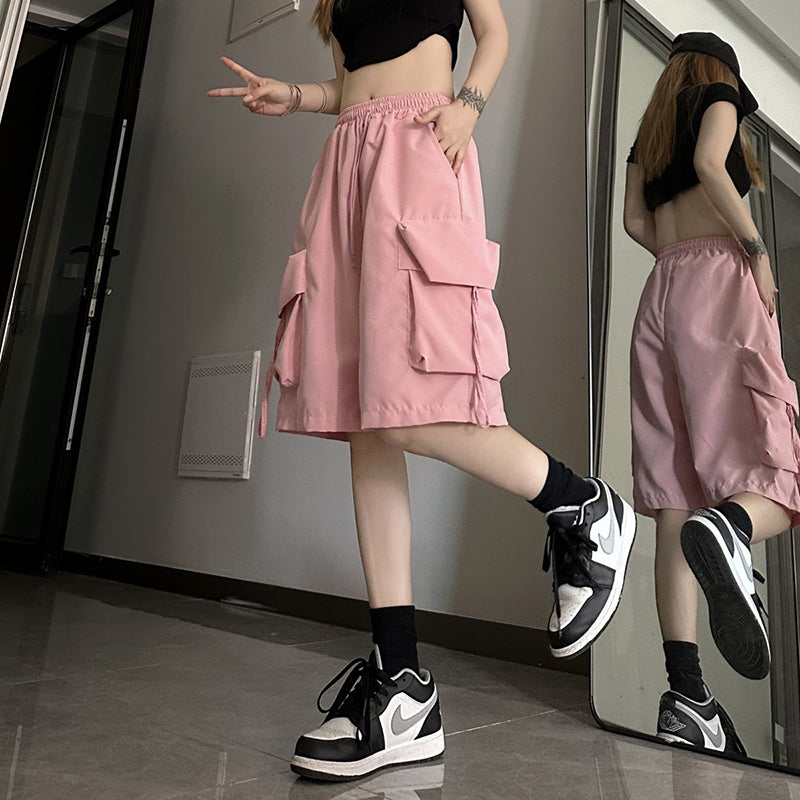 ZOKI Women High Waist Cargo Shorts American Style Streetwear Summer Wide Leg Pa image 5