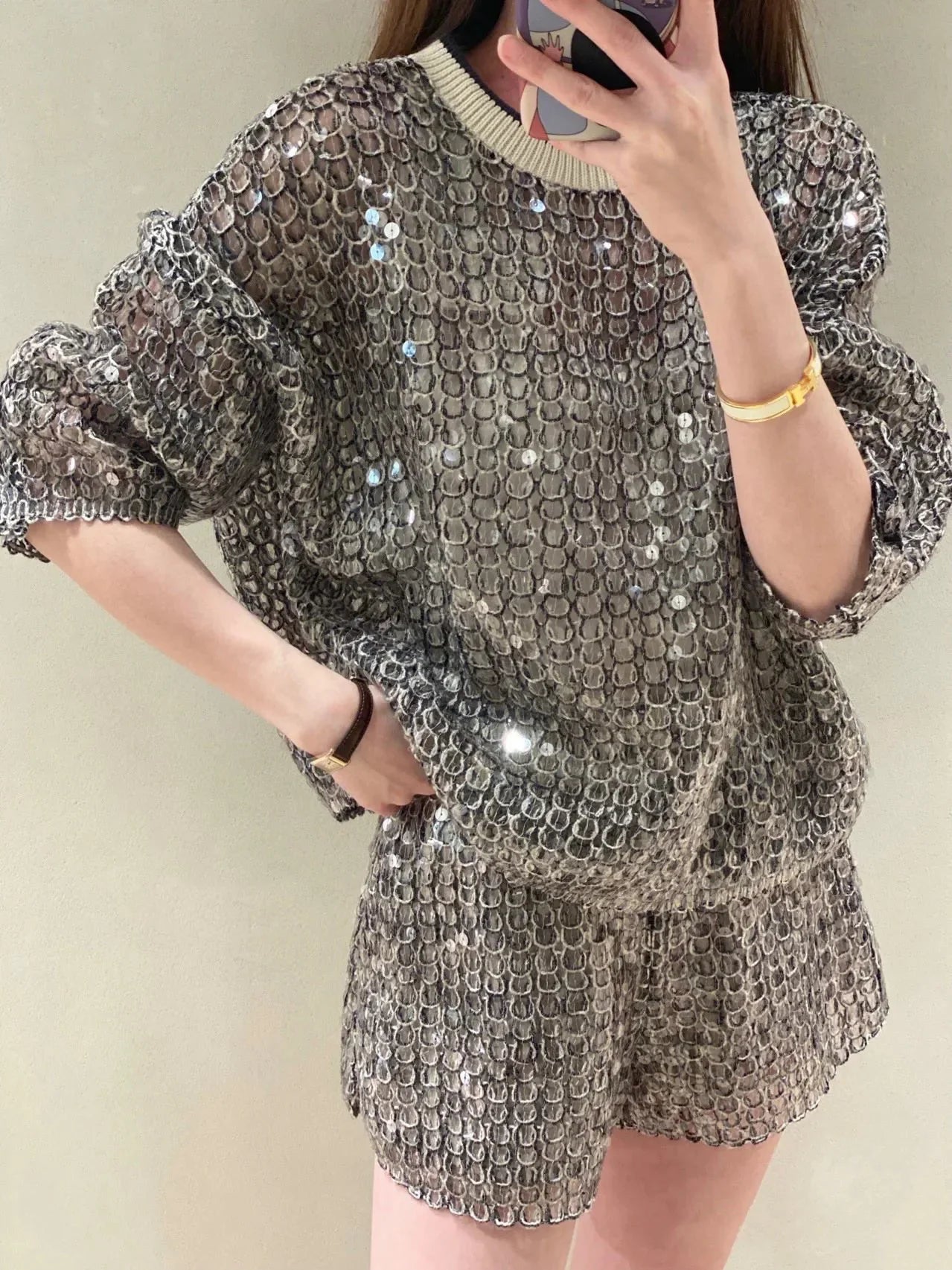 High-End 25 Spring Summer New Heavy Industry Sequin Vest Overskirt Loose Waist Shorts Loose Long Sleeve Top Four-Piece Set