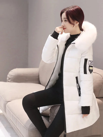 Women's Winter Fur Collar Hooded Parka Fashion Letter Patch Zipper Pockets Design Long Jacket  Slim Warm Thick Female Coats