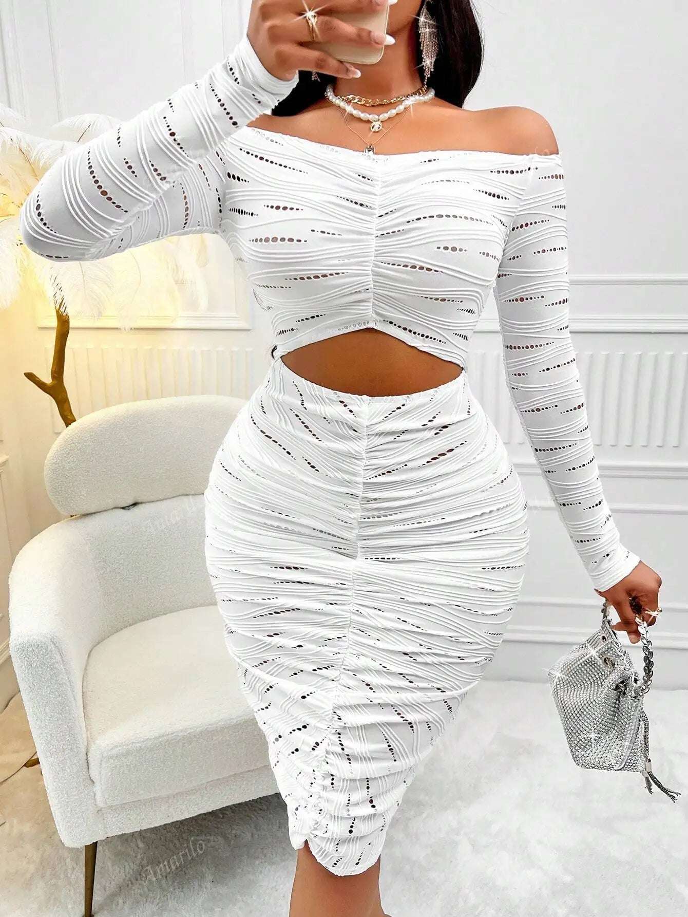 White Off-Shoulder Evening Dress - Ruched Bodycon Midi with Long Sleeve & Hollow Detail for Formal Events
