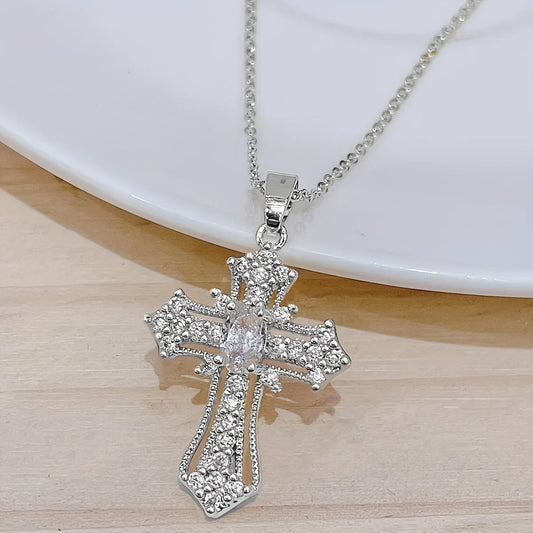 Women'S Vintage Cross Rhinestone Pendant Necklace | Silver Clavicle Chain Hip Hop Fashion Jewelry