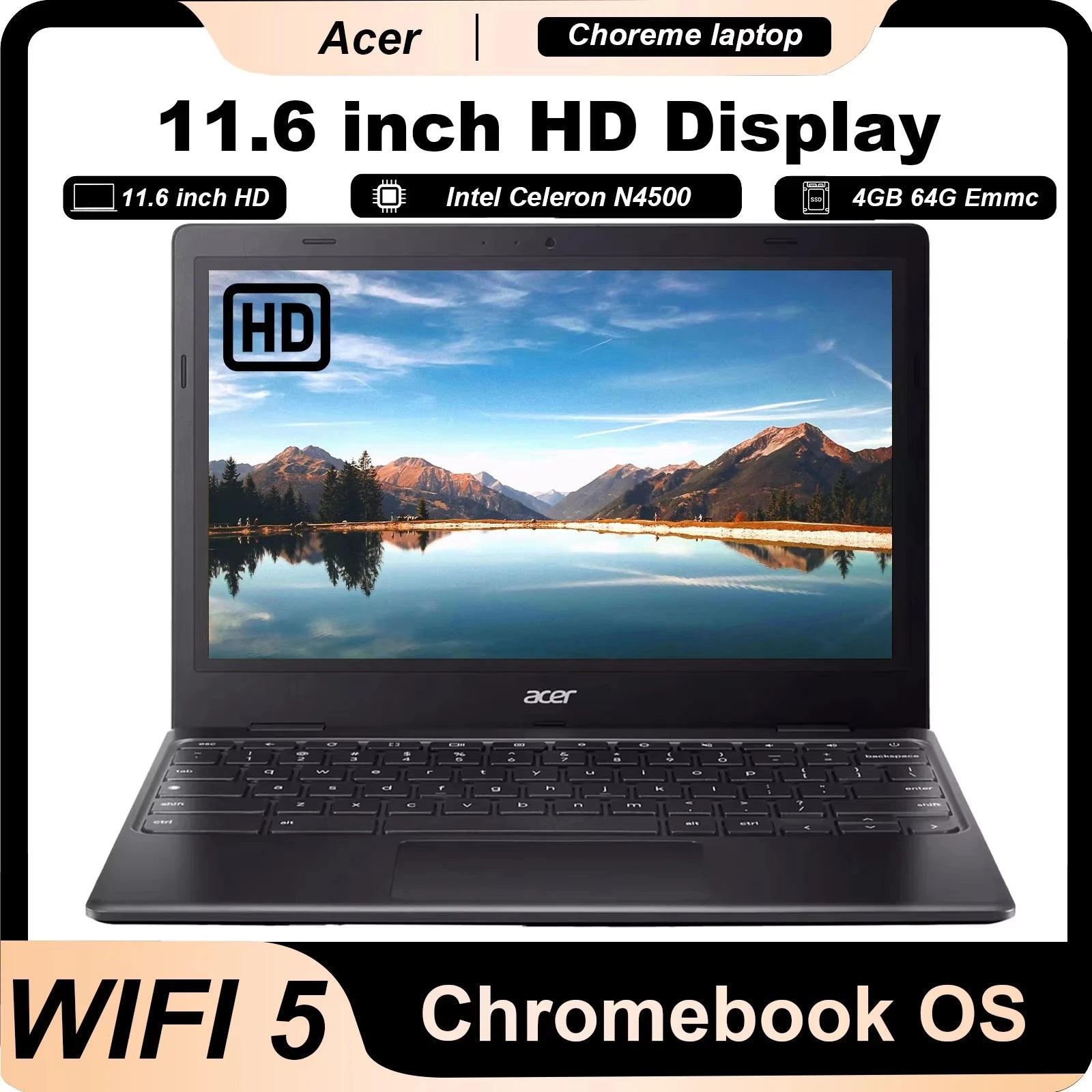 Acer 311 Chromebook Laptop, 11.6'' Hd Display, 4Gb Lpddr4 Ram, 64Gb Emmc, Intel N4500, Intel Uhd Graphics, 10 Hours Battery Life