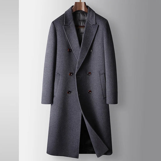 Long Coat For Autumn And Winter, Double-Breasted Wool Wind Jacket Reaching The Knees
