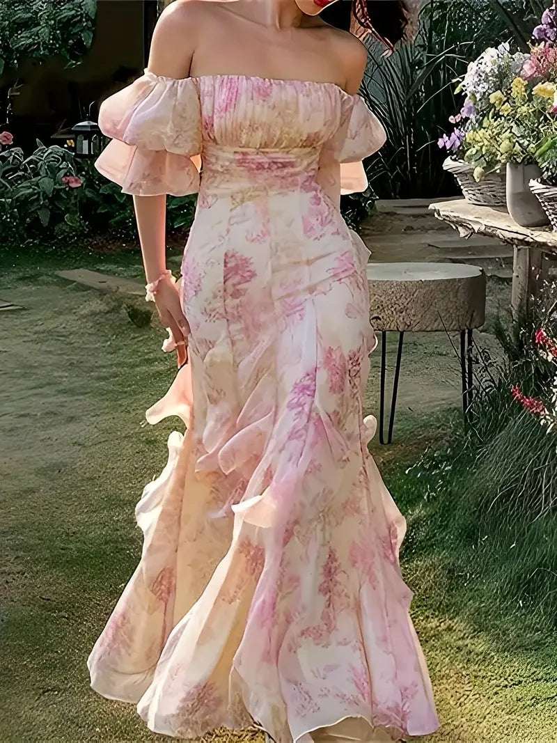 Women Neck Short Sleeve Floral Ruffle Slim Party Midi Dress - Bodycon Wedding Bridesmaid Floral Skirt Dress for Women