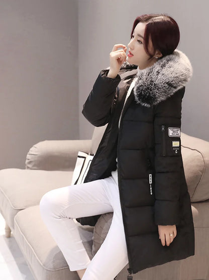 Women'S Winter Fur Collar Hooded Parka  Slim Fit Long Jacket With Letter Patch & Zipper Pockets, 6 Colors, Sizes M’Xxl