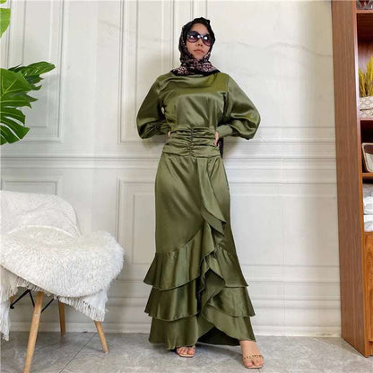 Islamic New Solid Satin/Round Neck Button up Shirt Elegant Long Dress With 3 Plies Pleated Slim Muslim Women's  Dress Set Robe