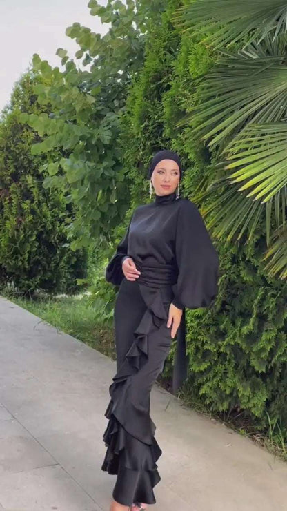 Islamic New Solid Satin/Round Neck Button up Shirt Elegant Long Dress With 3 Plies Pleated Slim Muslim Women's  Dress Set Robe