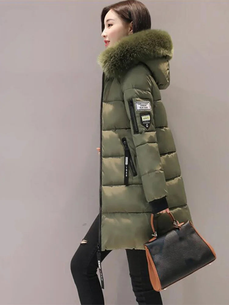 Women Winter Fur Collar Hooded Parka Fashion Letter PatZipper Pockets Design Long Jacket  Slim Warm Thick Female Coats