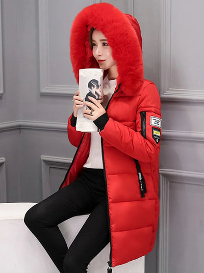 Women's Winter Fur Collar Hooded Parka Fashion Letter Patch Zipper Pockets Design Long Jacket  Slim Warm Thick Female Coats