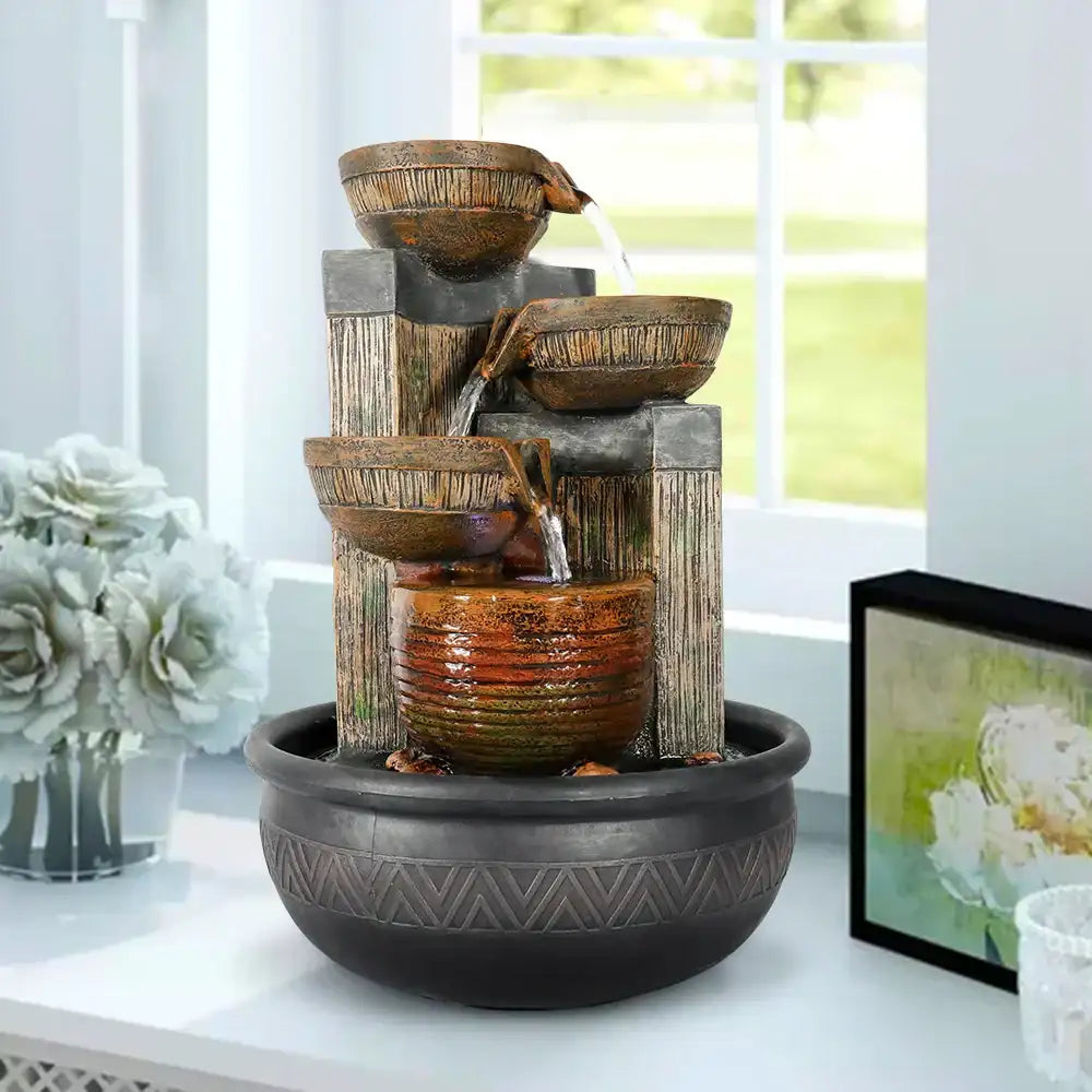 15.7 " Height 4 Tier Indoor Relaxing Tabletop Waterfall Fountain With Led Lights Tabletop Fountain For Home Decoration, Brown