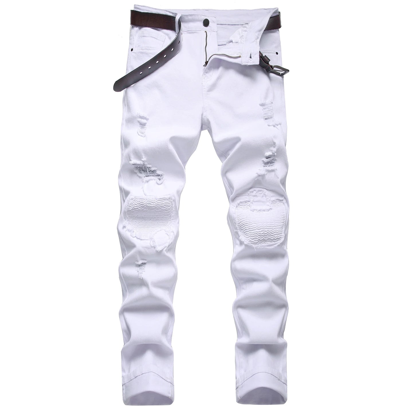 Men White Slim Straight Biker Jeans, Fashion Hole Casual Jeans, Suitable for All Seasons 1091W