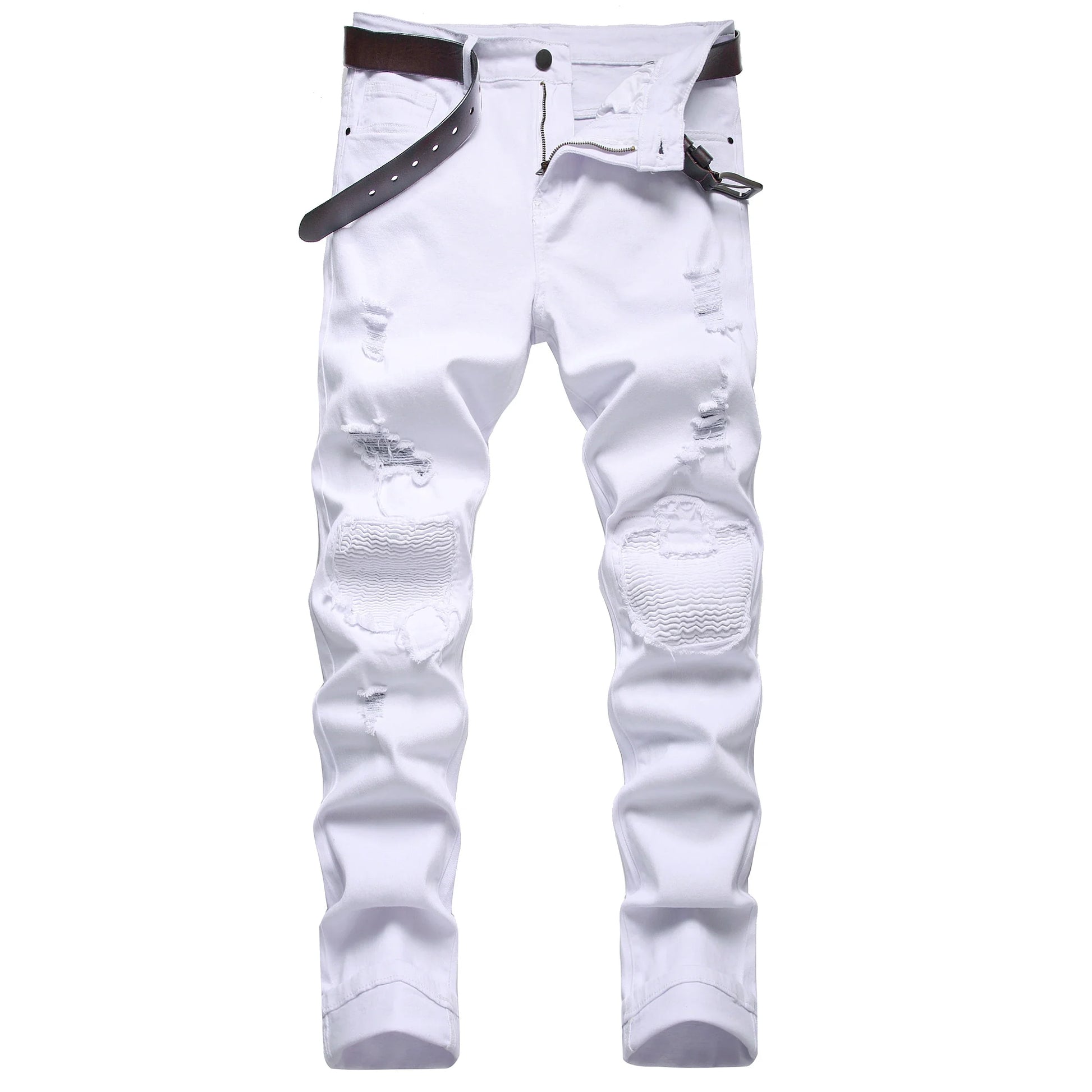 Men White Slim Straight Biker Jeans, Fashion Hole Casual Jeans, Suitable for All Seasons 1091W