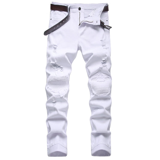 Men White Slim Straight Biker Jeans, Fashion Hole Casual Jeans, Suitable for All Seasons 1091W