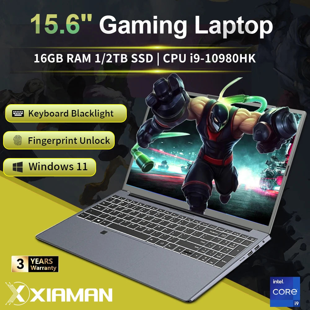 Xiaman 15.6" Gaming Laptop Intel Core I9 10980Hk Fingerprint Laptop Computer 16Gb Ram 1Tb Ssd Windows 11 Pro Notebook Pc Gamer