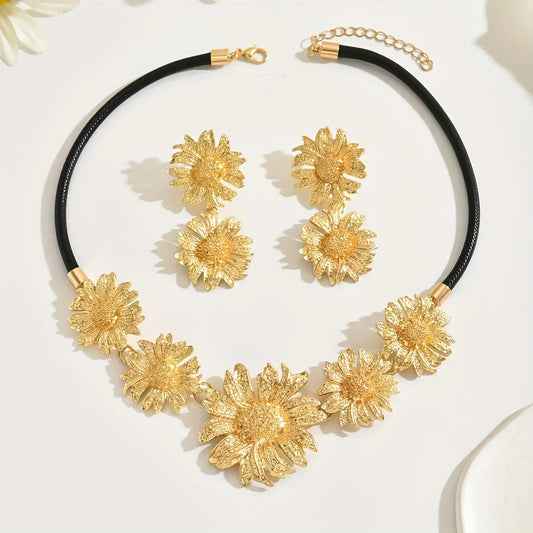 Lxalry Gen Sunflower Jewelry Set - Elegant Black Rope & G Flower Necklace and Earrings