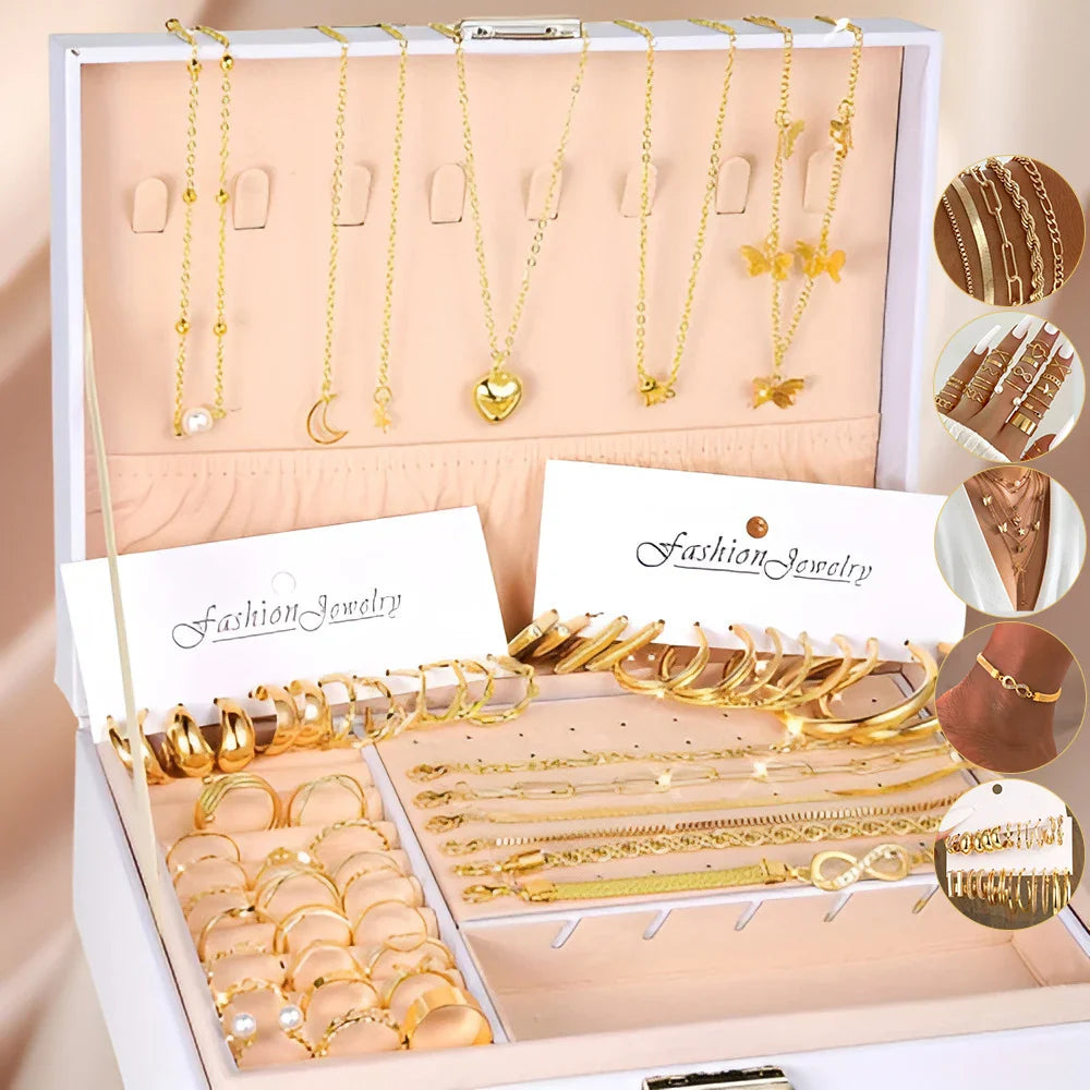 58PCS Set Maximum Mix Gold Plated Metal Jewelry Set Necklace Hoop Earrings Rings Bracelets for Women Accessories No Box Included