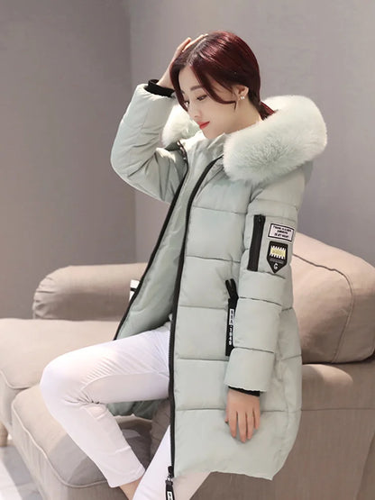 Women'S Winter Fur Collar Hooded Parka  Slim Fit Long Jacket With Letter Patch & Zipper Pockets, 6 Colors, Sizes M’Xxl